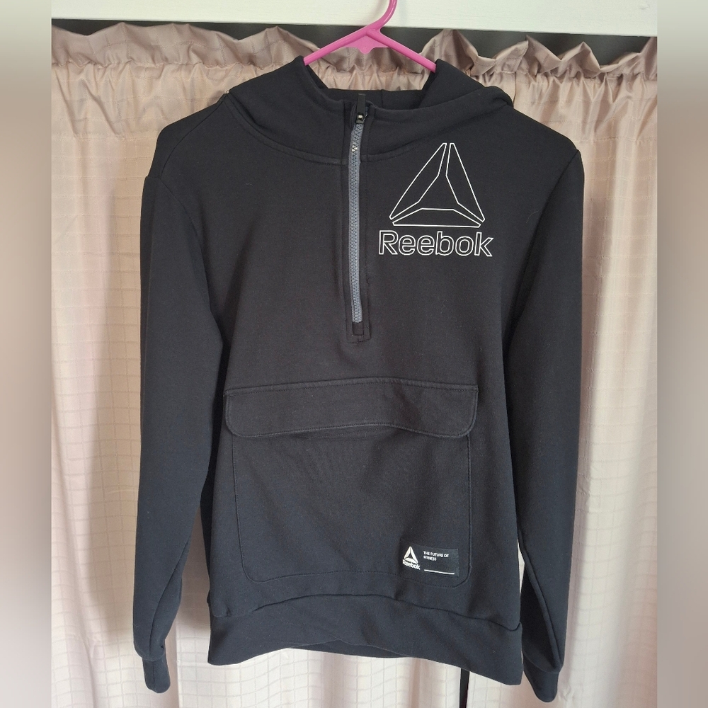 Reebok 1/4 Zip Hoodie Black Large Front Pouch Pocket Size XL 14/16